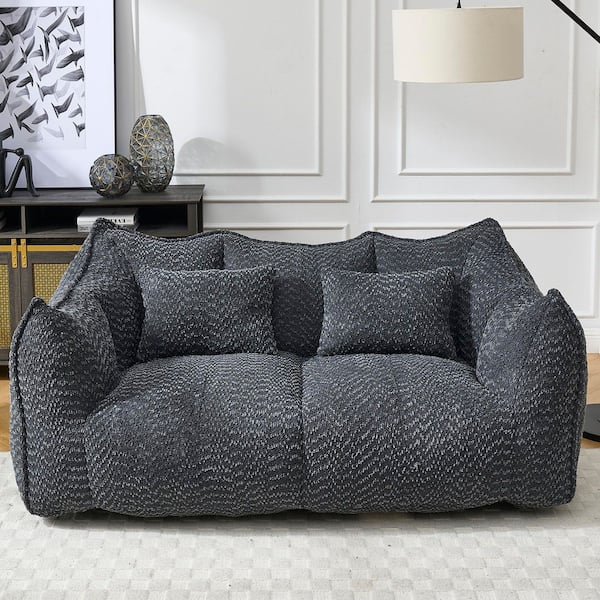 Black Chenille Bean Bag Loveseat Sofa with Armrests and Pillows, Foam Filled Lounge Sofa for Living Room, Bedroom