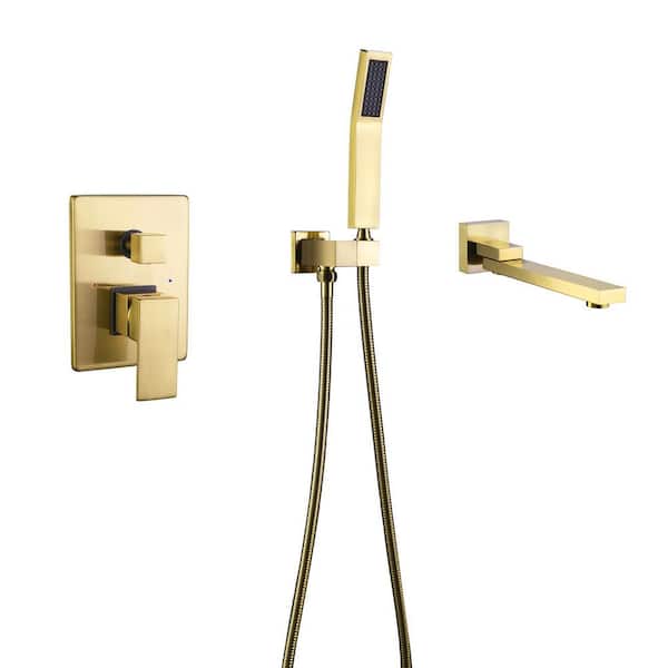 Single-Handle Wall-Mount Roman Tub Faucet with Hand Shower 3-Hole in Brushed Gold