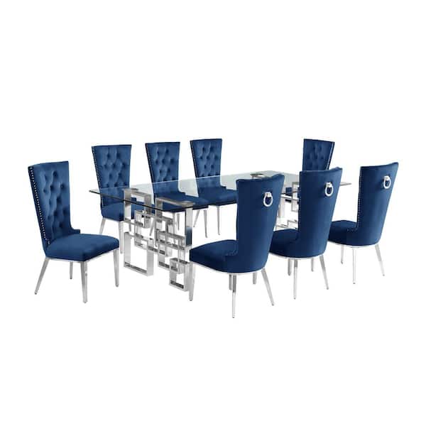 Best Quality Furniture Dominga 9-Piece Rectangular Glass Top Stainless Steel Base Dining Set Seat Capacity 8 Navy Blue Velvet Fabric