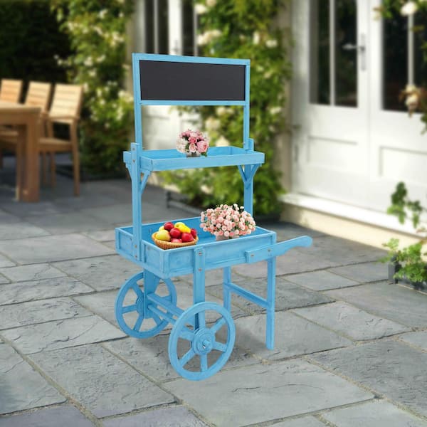 Blue 31 in. x 49 in. Wood Decorative Stand Flower Shop Balcony Garden Decorative Stand with Decoration Wheels