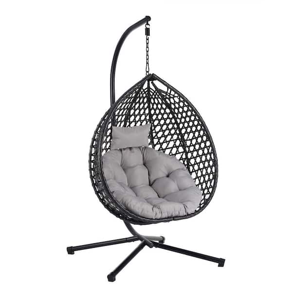 Unbranded Black Patio Swing Egg Chair, Wicker Outdoor Patio Hanging Chair with Gray Cushion, Lounge Hanging Basket Chair
