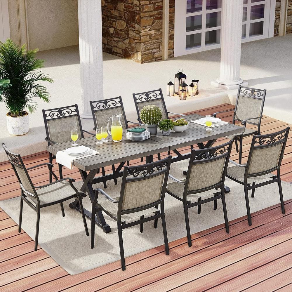 Black and Grey Cast Aluminum Patio Dining Armchairs, Set of 2