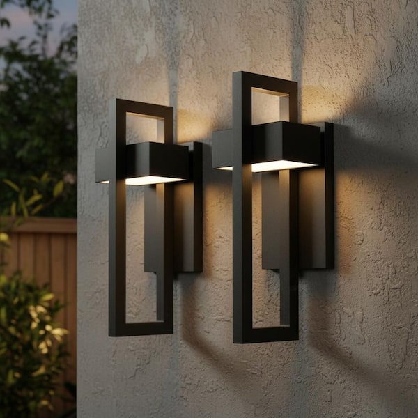 14 in. Integrated LED Outdoor Wall Sconce 2-Pack, Matte Black Exterior Wall Mount Light, Warm White 3000K Porch Lighting