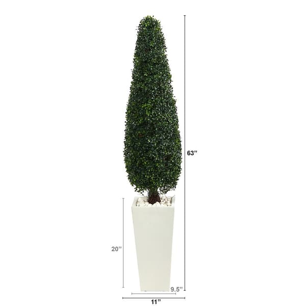 Nearly Natural 63 in. Indoor/Outdoor Boxwood Topiary Artificial Tree in Tall White Planter UV Resistant