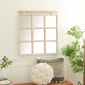 35 in. x 32 in. Grid Window Inspired Square Framed Brown Wall Mirror