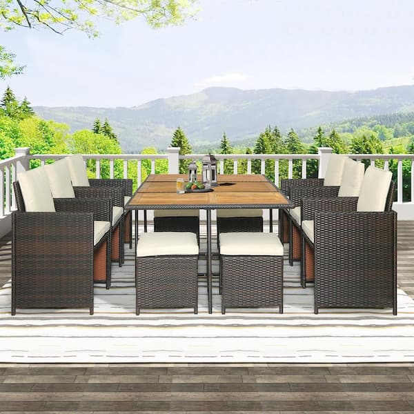 Polibi 11-Piece PE Wicker Outdoor Dining Table Set with Wood Tabletop for 10, Brown Rattan, Beige Cushion
