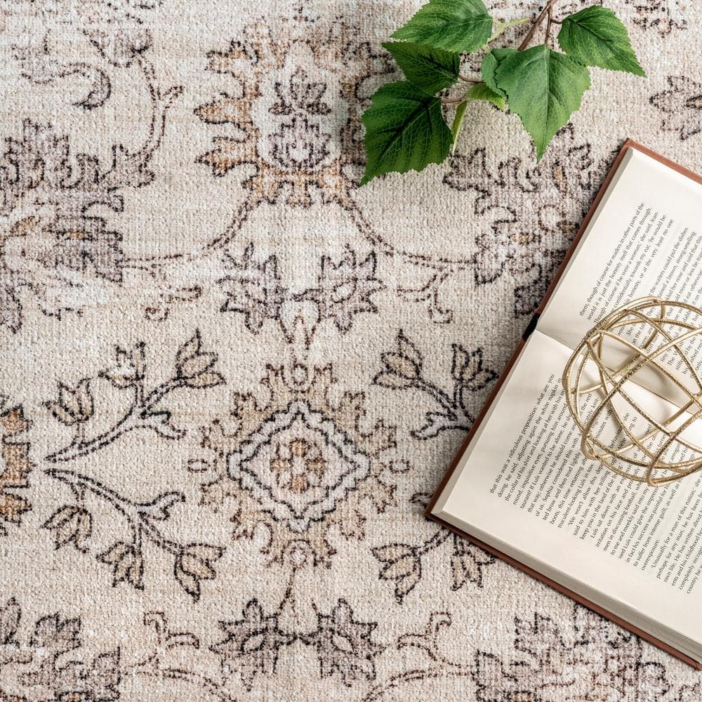 Beige and Ivory Floral Machine Washable 5' x 8' Area Rug