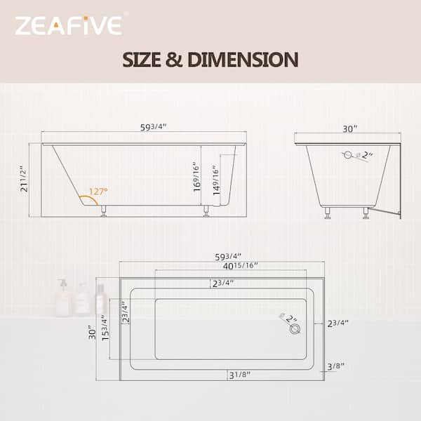 60 in. x 30 in. Apron Front Soaking Bathtub with Right Drain Hole Acrylic Alcove Single Skirt Walk-in Tub in White