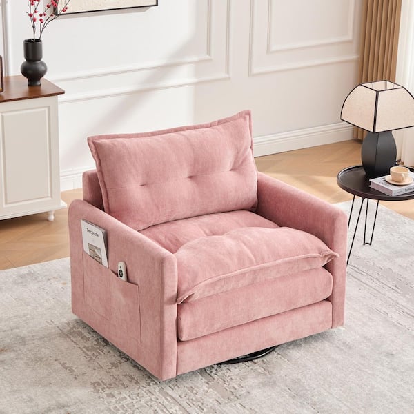 Mid Century Pink Chenille 1-Seat Thick Padded Arm Chair with 360° Swivel and Side Pockets