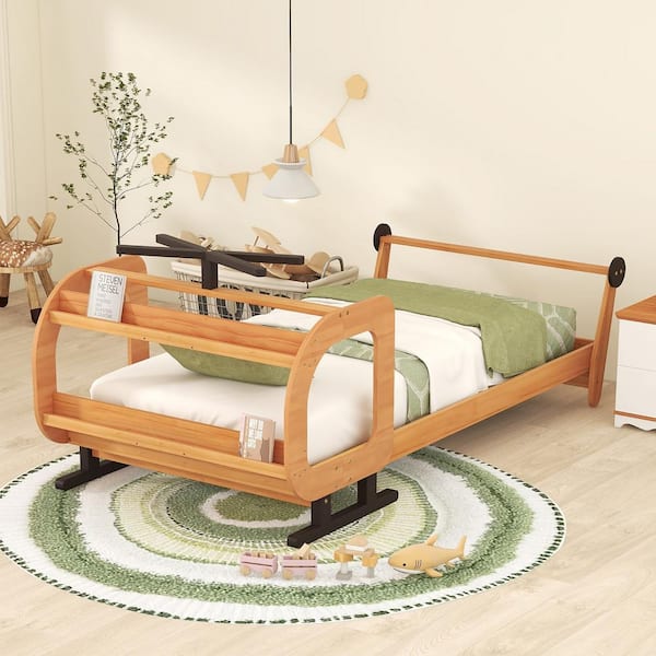 URTR Plane Shaped Twin Size Platform Bed for Kids, Solid Wood Low