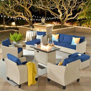 Camelia C Beige 8-Piece Wicker Patio Rectangular Fire Pit Seating Set with Navy Blue Cushions