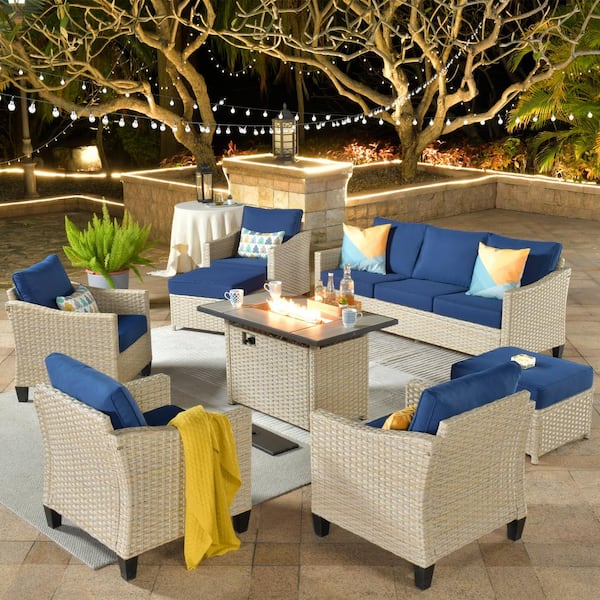 weaxty W Camelia C Beige 8-Piece Wicker Patio Rectangular Fire Pit Seating Set with Navy Blue Cushions