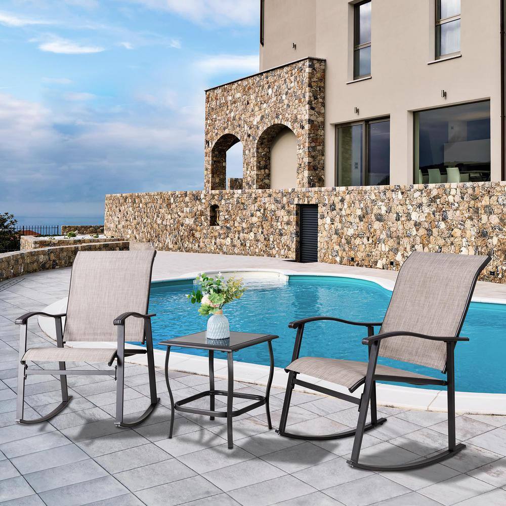 Taupe 3-Piece Metal Outdoor Rocking Bistro Set with Glass Table for Lawn, G