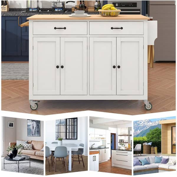 Runesay White Mdf Base with Mdf Wood Top Rolling Kitchen Island (18.5-in x 54.33-in x 36.22-in)