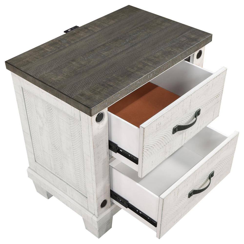 Distressed Gray and White 2-Drawer Pine Wood Nightstand