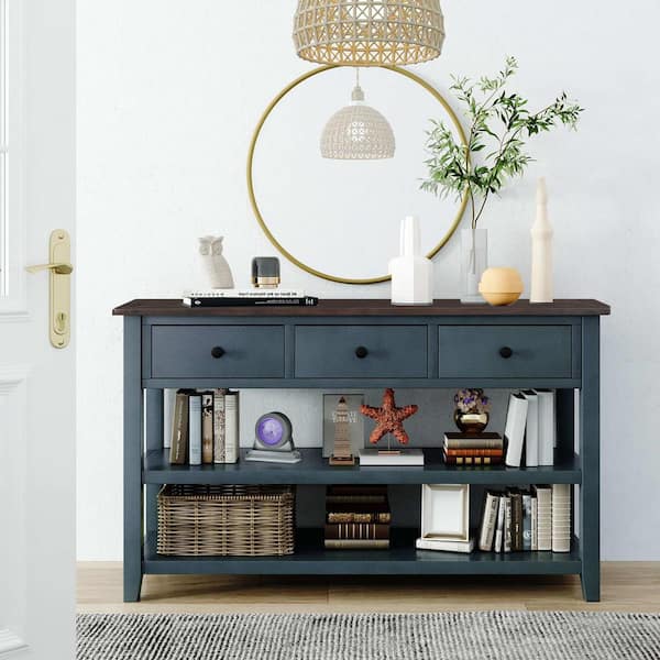 Polibi 50 in. Navy Rectangle Wood Console Table with Two Open Shelves, Pine Solid Wood Frame and Legs for Living Room Navy