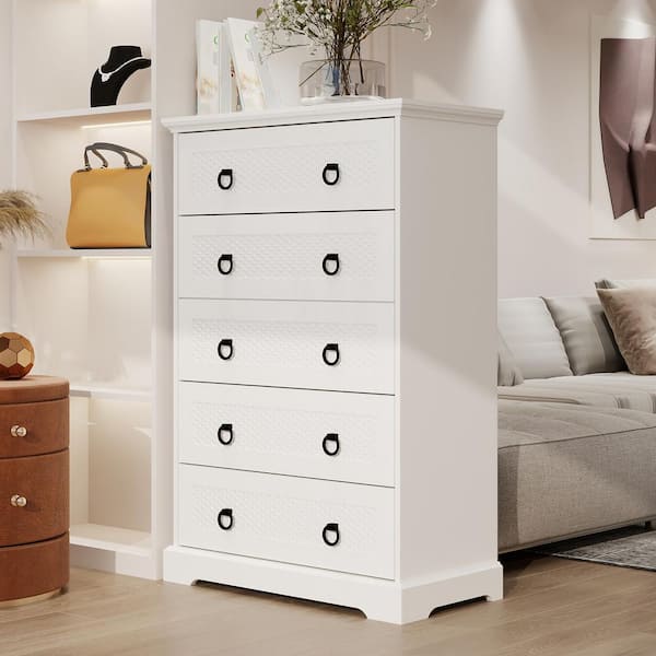 Keloyid White 5 Drawers 31.5 in. Wide Wood Chest of Drawers