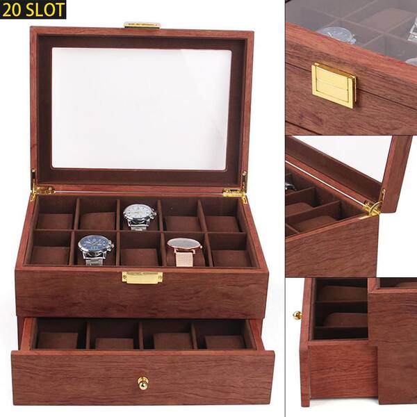 YIYIBYUS 8-Slot Vintage Brown Solid Wood Watch Box Glass Top Jewelry  Organizer Box Watch Case with Pillows 65LMO3G200-1 - The Home Depot