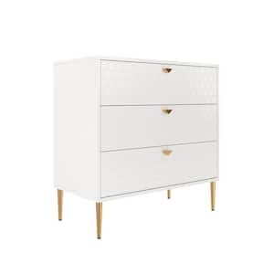 White Honeycomb pattern 3-Drawers Storage Accent Chest with Golden Stands and Adjustable feet