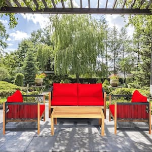 4-Piece Acacia Wood Outdoor Patio Furniture Conversation Set W/Red Cushions