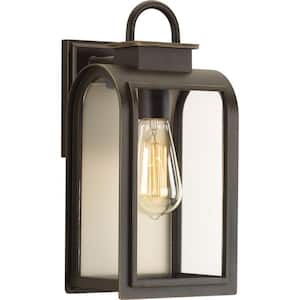 Refuge Collection 1-Light Oil Rubbed Bronze Clear/Etched Umber Glass Farmhouse Outdoor Small Wall Lantern Light