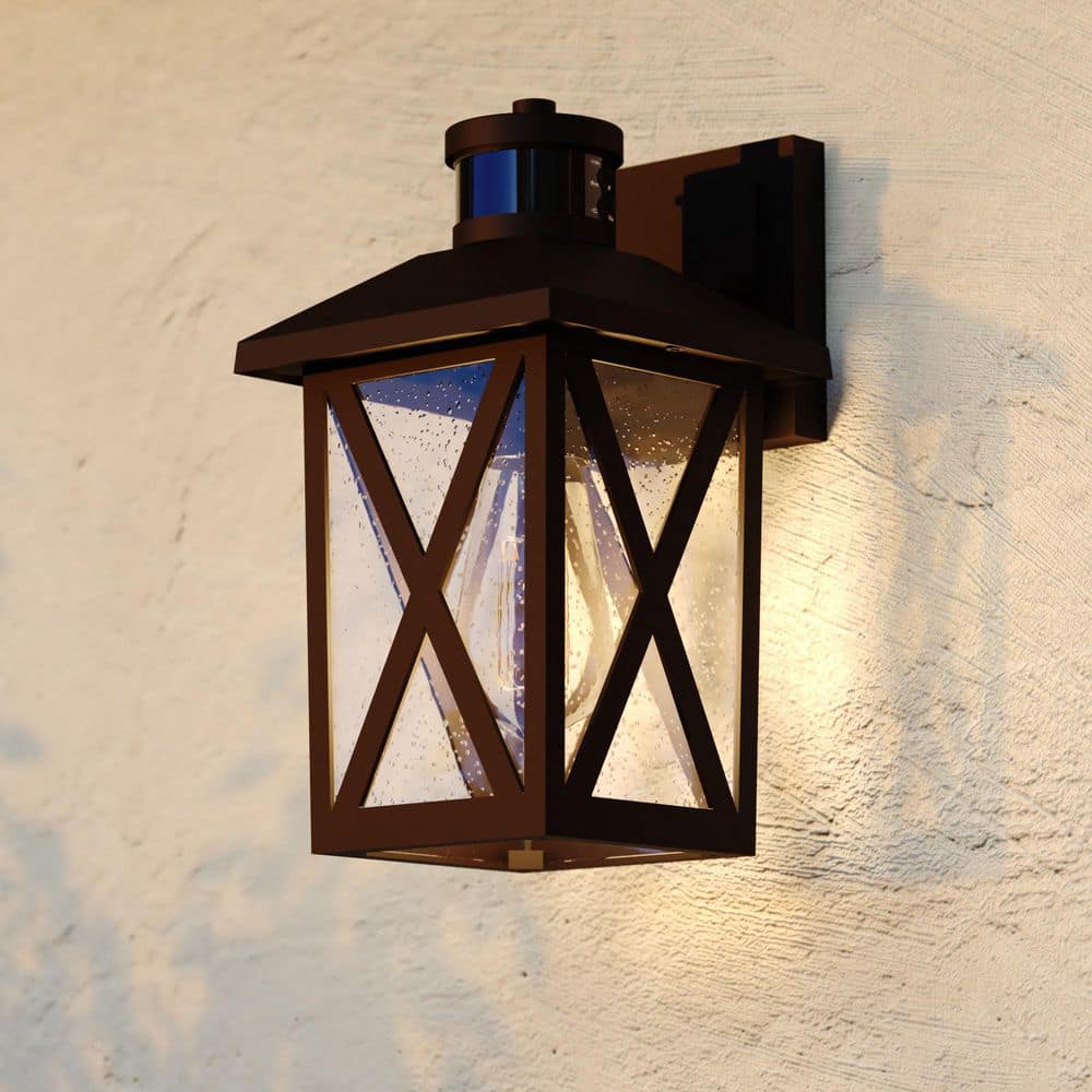 Rockford 11 in. H Bronze Motion Sensing Dusk to Dawn Outdoor Hardwired Wall Sconce Light with Clear Seeded Glass Shade price history on PriceWatchPro