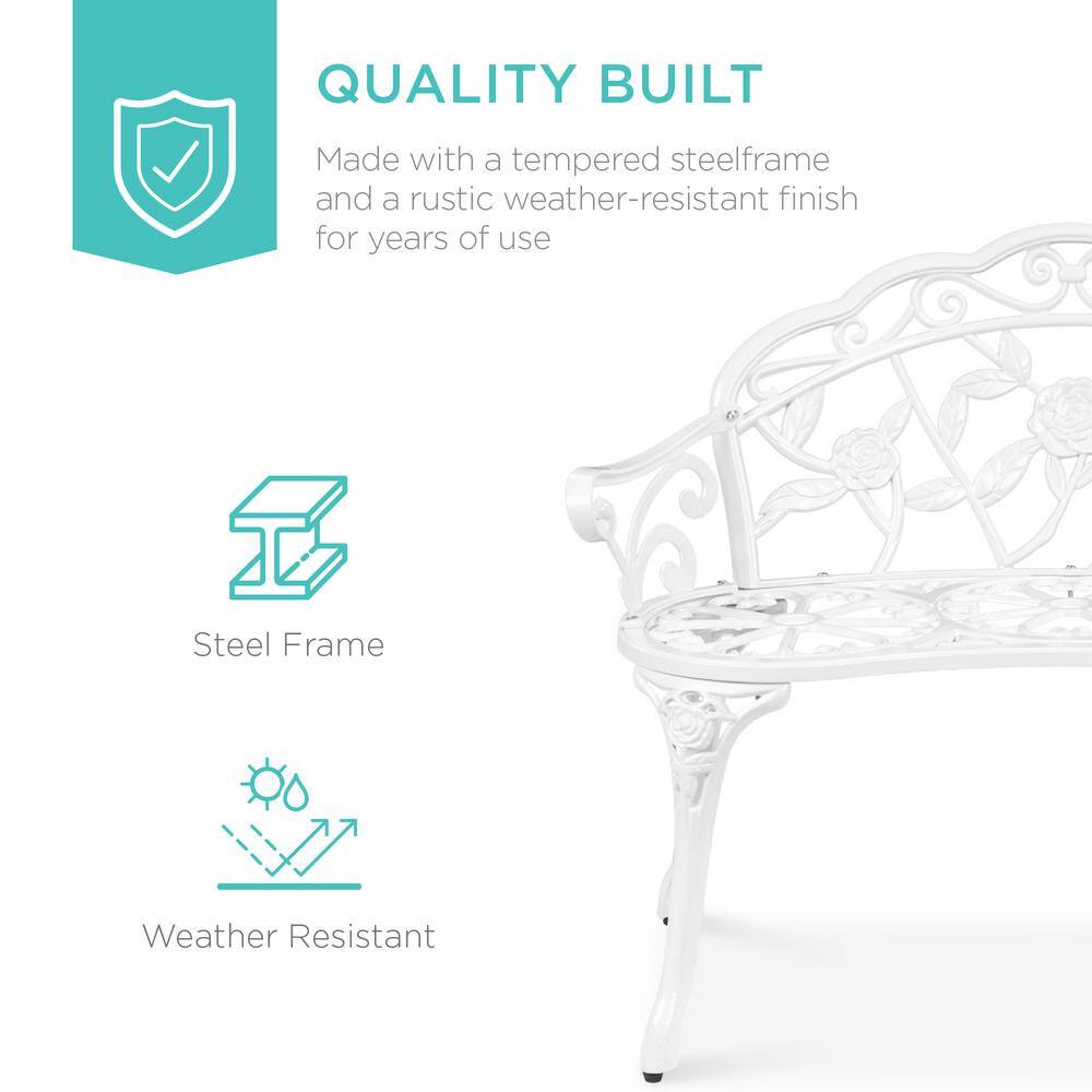 Elegant Antique-Style Rose Accented White Metal Garden Bench