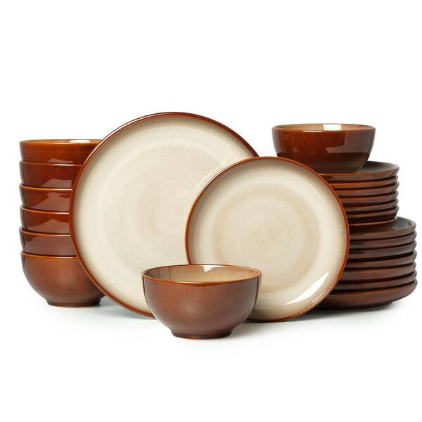 24-Piece Brown Yellow Double Bowl Dinnerware Sets, Natural Earthyware Ceramic Dishware Sets, Service for 8