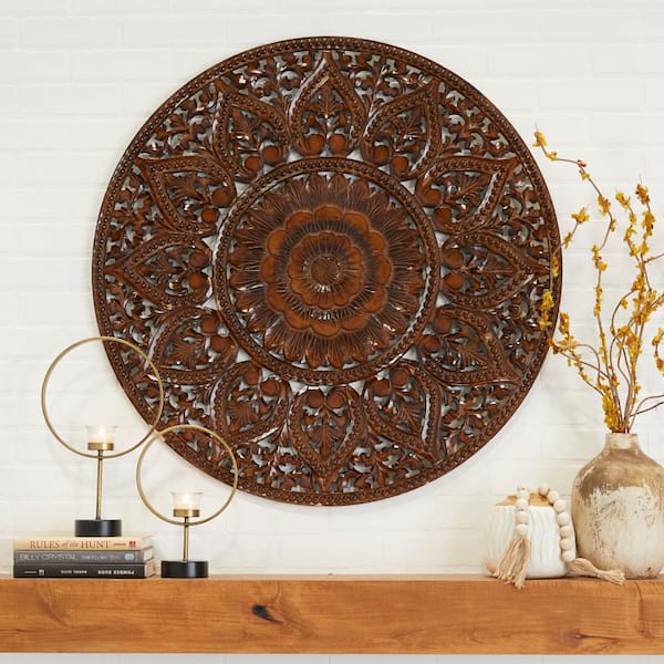 Litton Lane Wood Brown Handmade Intricately Carved Floral Wall Decor with Mandala Design