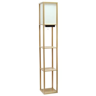 62.5 in. Tan Floor Lamp Etagere Organizer Storage Shelf with 2 USB Charging Ports, 1 Charging Outlet and Linen Shade