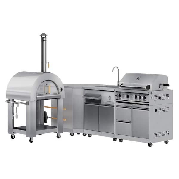 Kitchen with a Wood Fire Outdoor Pizza Oven, Corner Cabinet, Sink, 30 in. BBQ Propane Grill and Cabinet