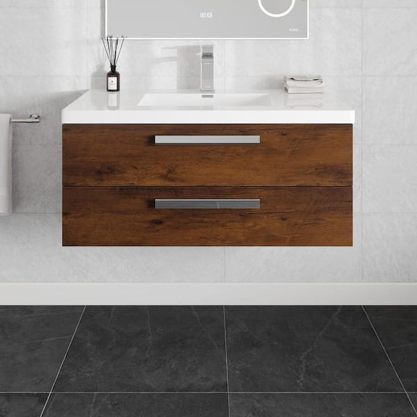Eviva Surf 36 in. Single Sink Floating Rosewood Bath Vanity with White Acrylic Top (Assembled)