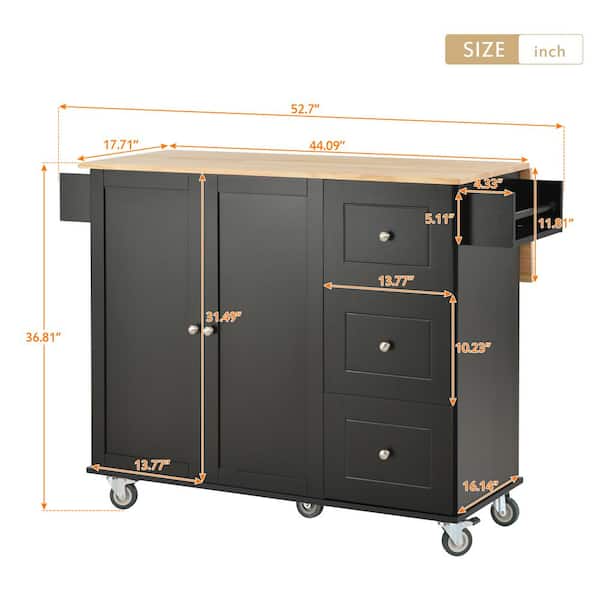 CESICIA Black Wood Base with Wood Top Rolling Kitchen Island (17.71-in x 52.7-in x 36.81-in)