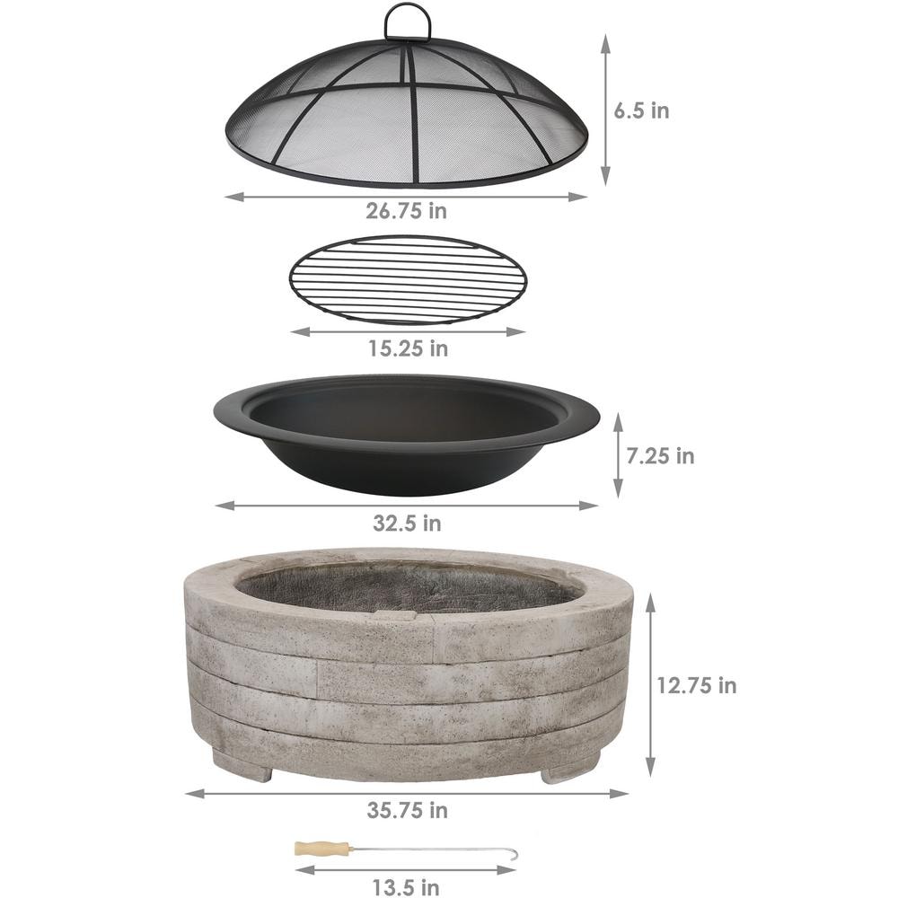 Large Round Gray Faux Stone Wood-Burning Fire Pit with Handles