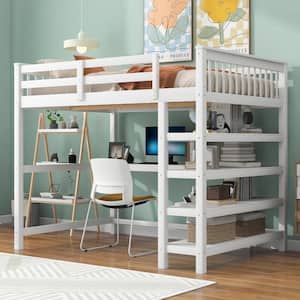 Modern White Wood Frame Full Size Loft Bed with Under-Bed Desk, Storage Shelves and Built-in Ladder