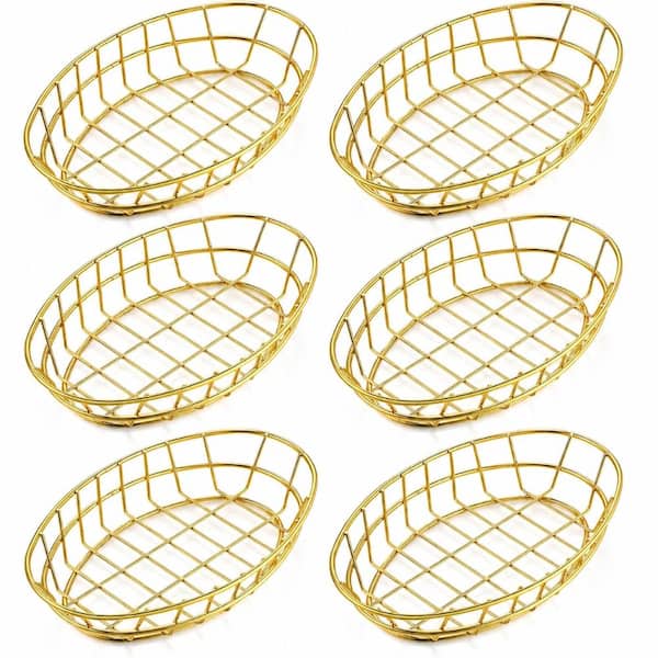 6-Piece Gold Chrome Oval Metal Wire Serving Baskets 9.5 x 6.2 x 2.2 in. for Bread, Fruit and Snacks