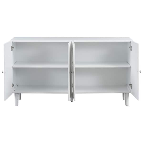 White Wood 58.1 in. Sideboards with 4-Doors, Cylindrical Legs and Sleek Metal Handles Ideal for Dining Table Area