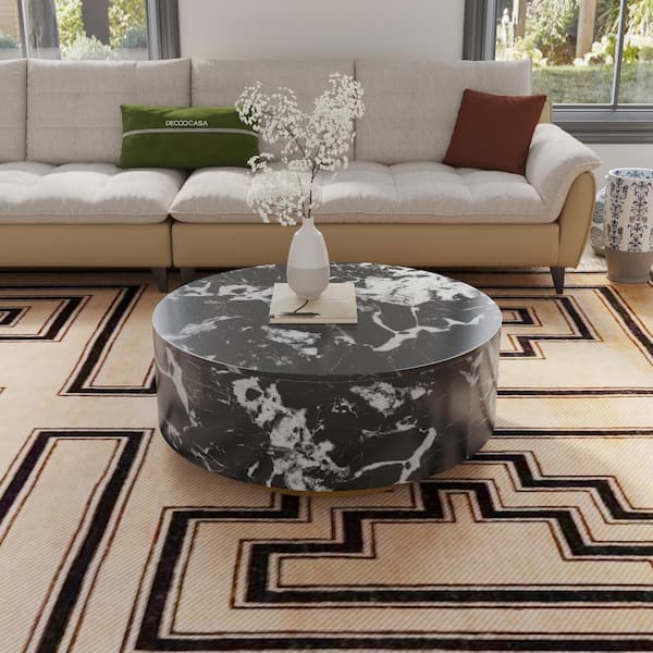 J&E Home 33.5 in. Cow Black Round Marble Top Modern Minimalist Coffee Table with Drawers