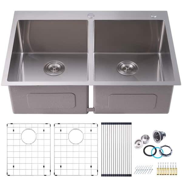 33 in. Drop-In/Undermount Double Bowl 16 Gauge Brushed 304 Stainless Steel Kitchen Sink with Accessories