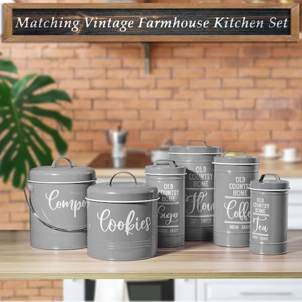 1-Piece 1 gal. Large Gray Vintage BPA-Free Metal Cookie Jar with Airtight Lid for Kitchen Counter Decor