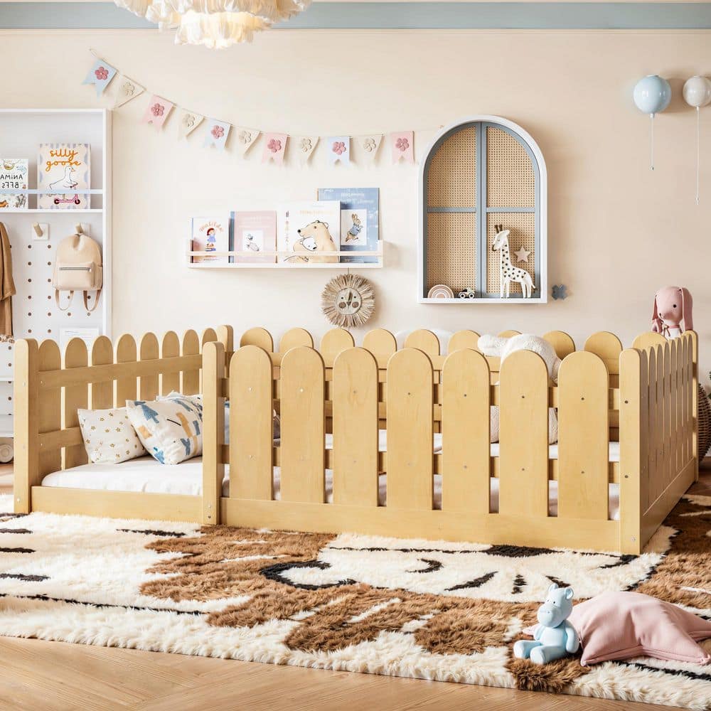 Natural Full Kids Beds with High Fence-Style Guardrails