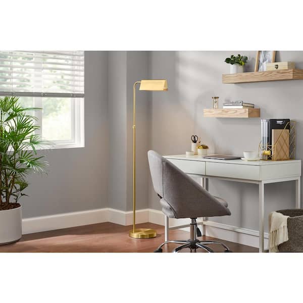 Hampton Bay Wesleigh 59 in. Aged Brass Standard LED Indoor Floor Lamp 3 CCT Dimmer Switch with Brass Metal Shade