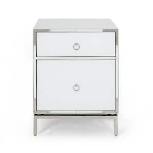 Daphney White Glass 2-Drawer Bedside Table with Silver Stainless Steel Frame