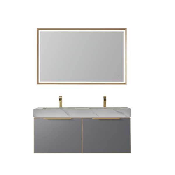 ROSWELL Alicante 48 in. W x 20. 9 in. D x 21.7 in. H Double Sink Bath Vanity in Grey with White Sintered Stone Top and Mirror