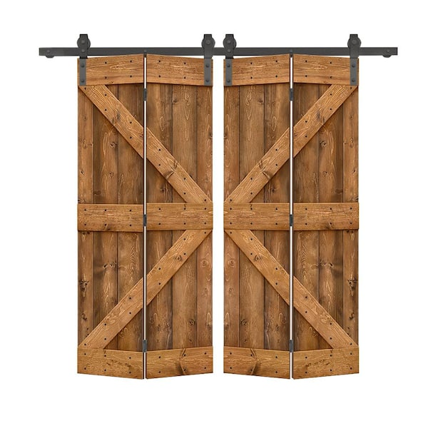 48 in. x 84 in. K Pre Assembled Walnut Stained Wood Double Solid Core Bi-Fold Barn Doors with Sliding Hardware Kit