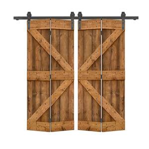 72 in. x 84 in. K Pre Assembled Walnut Stained Wood Double Solid Core Bi-Fold Barn Doors with Sliding Hardware Kit