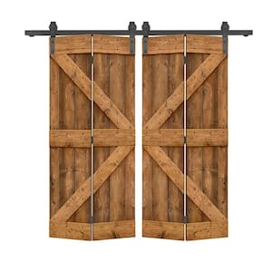 72 in. x 84 in. K Pre Assembled Walnut Stained Wood Double Solid Core Bi-Fold Barn Doors with Sliding Hardware Kit