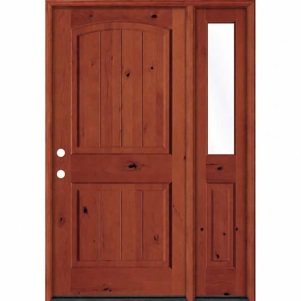 56 in. x 80 in. Knotty Alder Arch Top Right-Hand/Inswing Clear Glass BEHR Amaretto Stain Wood Prehung Front Door w RHSL
