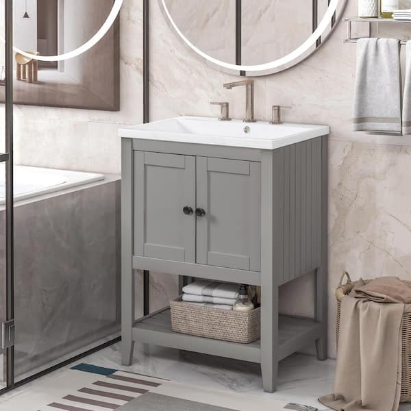 24 in. W x 17.8 in. D x 33.6 in. H Single Sink Solid Wood Frame Freestanding Bath Vanity in Gray with White Ceramic Top