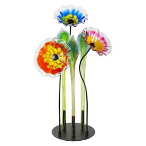 Fiore Blossom Multi Color Hand Blown 3Plate Flower Petal Art Glass Sculpture with Metal Stand